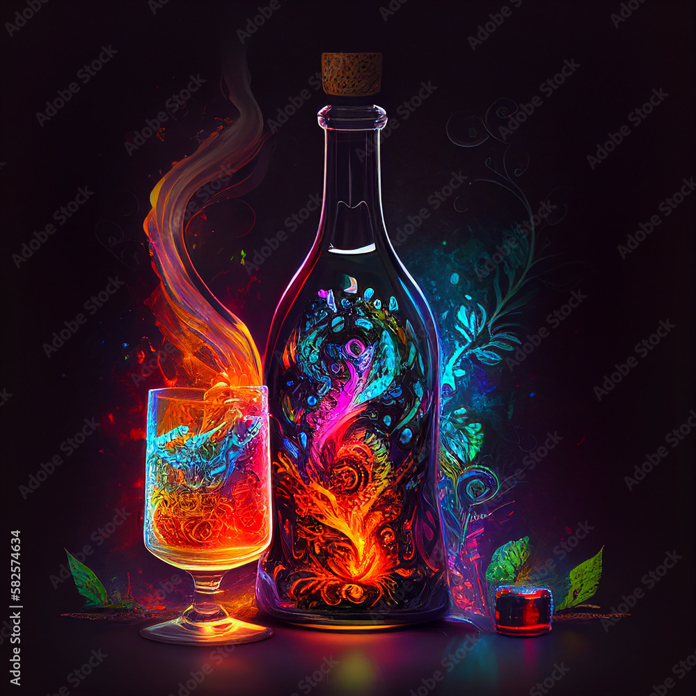 Bottles and wine glasses with magic drink. Generated by AI. Bottles and wine glasses with magic drink. Generated by AI.