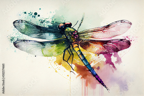 beautiful watercolor sketch of dragonfly. generative ai.