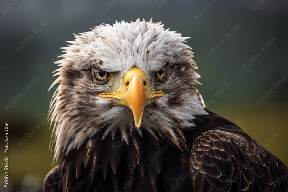 Obraz premium The head of this predator, a Bald Eagle (Haliaeetus leucocephalus), is shown in depth. Generative AI