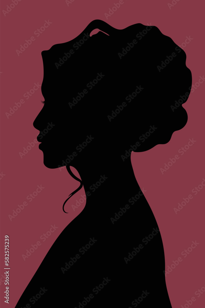 Silhouette of a girl in profile on a crimson background. Design for cosmetics decoration, logo, flyer, poster.
