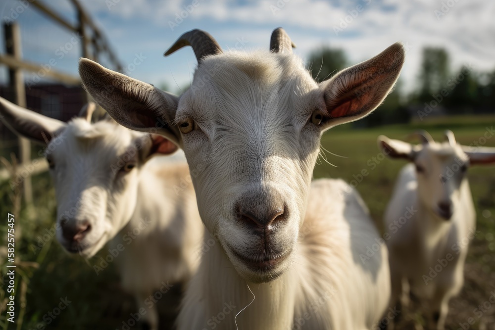 Fototapeta premium On a small farm in Ontario, Canada, there are Alpine and Saanan dairy goats. Generative AI
