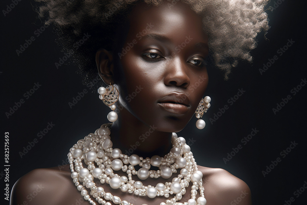 Fictitious afro model with chocolate color skin, jewelry and puff hair style. AI