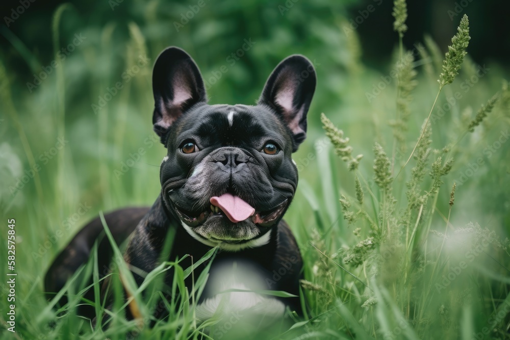 In the garden, there is a funny, crazy French bulldog. Generative AI