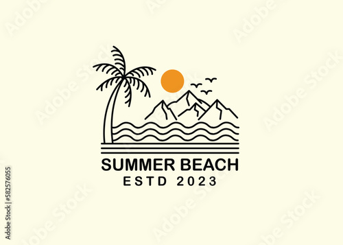 beach scene with palm trees in mono line art, patch badge design, emblem design, T-Shirt Design