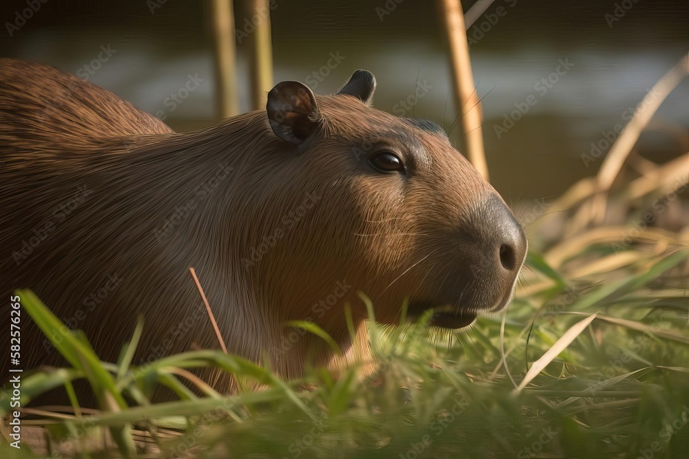 Friendly Capybara Lounging in a South American Wetland, created with Generative AI technology Friendly Capybara Lounging in a South American Wetland, created with Generative AI technology