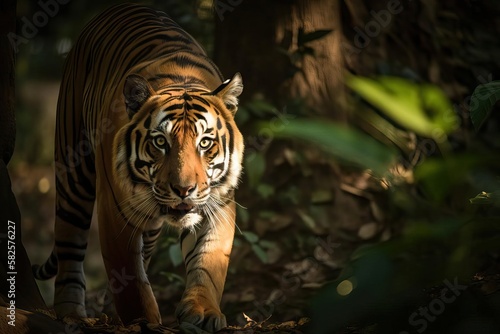 Striking Bengal Tiger Prowling the Dense Jungle, created with Generative AI technology