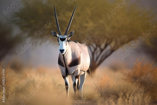Regal Gemsbok Standing Tall in the Kalahari Desert, created with Generative AI technology photo