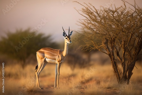 Graceful Gerenuk Browsing on Treetops in the Savannah  created with Generative AI technology