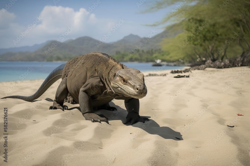 Fototapeta premium Menacing Komodo Dragon Lurking on the Indonesian Island, created with Generative AI technology