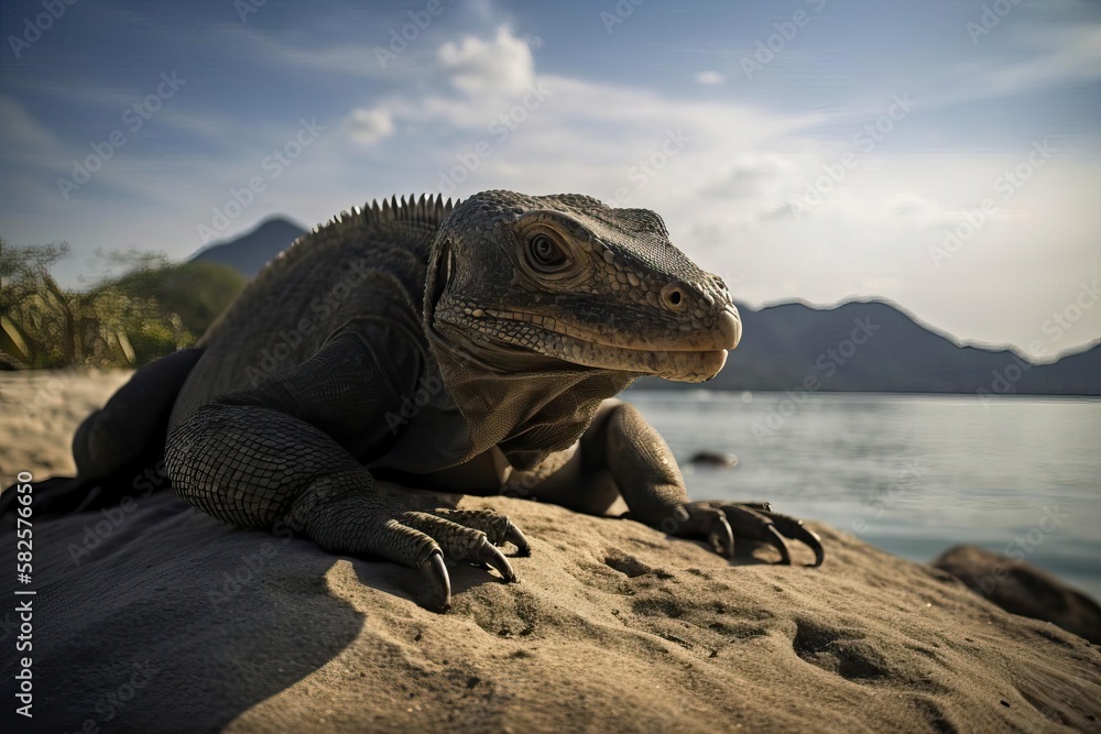 Obraz premium Menacing Komodo Dragon Lurking on the Indonesian Island, created with Generative AI technology