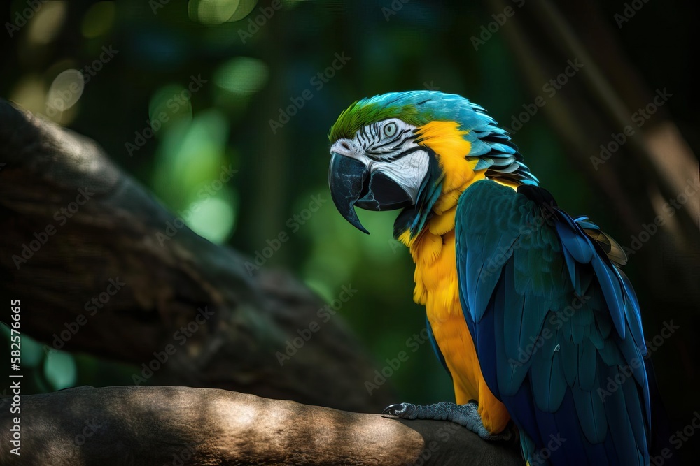 Vibrant Macaw Perched in the Lush Amazon Rainforest, created with Generative AI technology