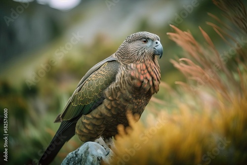 Inquisitive Kea Investigating the New Zealand Alpine Landscape, created with Generative AI technology
