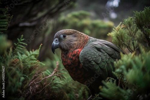 Inquisitive Kea Investigating the New Zealand Alpine Landscape, created with Generative AI technology