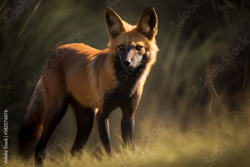 Enigmatic Maned Wolf Roaming the South American Grasslands, created with Generative AI technology