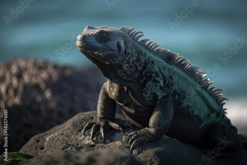 Unique Marine Iguana Basking on the Galapagos Islands, created with Generative AI technology