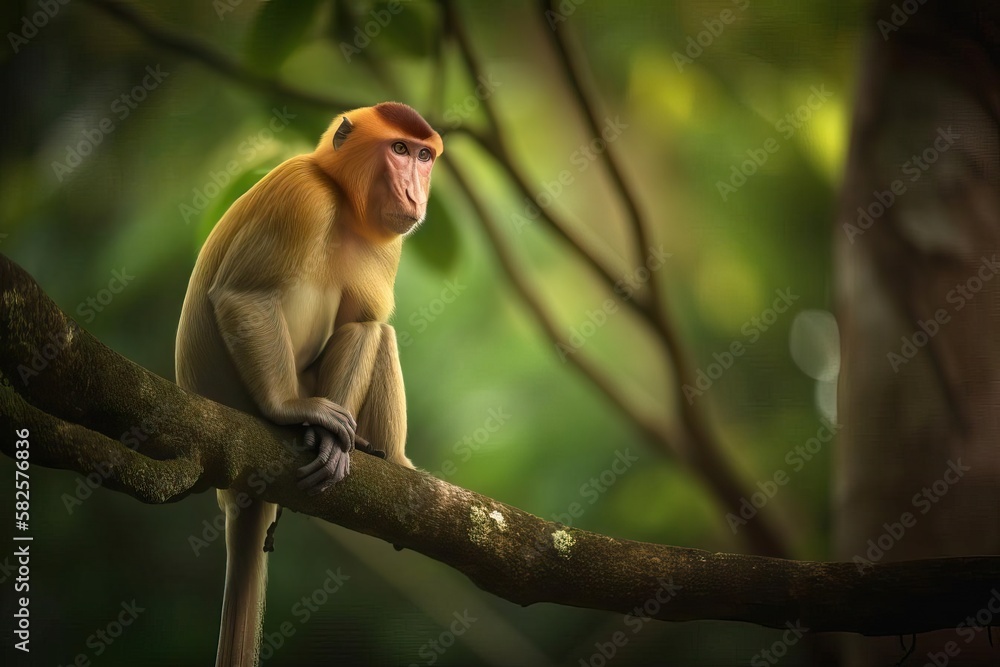 Fototapeta premium Comical Proboscis Monkey Lounging in the Borneo Mangroves, created with Generative AI technology