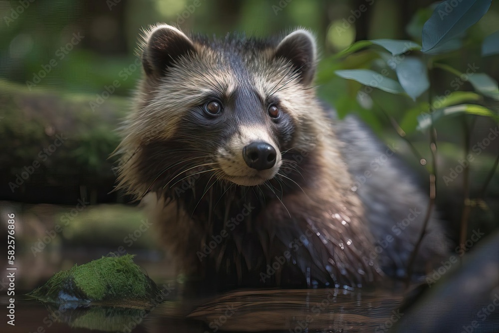 Naklejka premium Elusive Raccoon Dog Exploring the Asian Forests, created with Generative AI technology