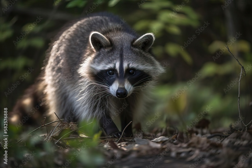 Curious Raccoon Investigating its North American Habitat, created with Generative AI technology