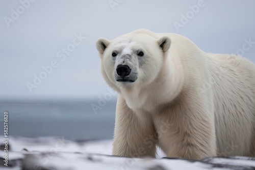 Majestic Polar Bear Roaming the Arctic Ice, created with Generative AI technology