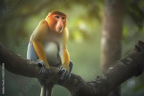 Comical Proboscis Monkey Lounging in the Borneo Mangroves, created with Generative AI technology photo