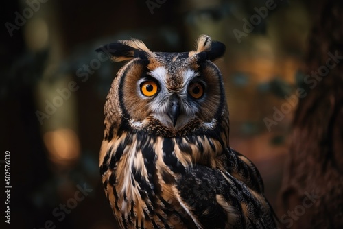 Bird in close up portrait. The northern long eared owl is a species of long eared owl (Asio otus). They reside throughout North America, Europe, Asia, and Africa. Generative AI © AkuAku