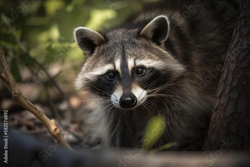 Curious Raccoon Investigating its North American Habitat, created with Generative AI technology