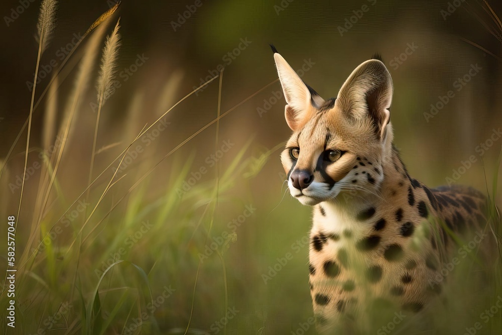 Agile Serval Pouncing in the African Grasslands, created with Generative AI technology Agile Serval Pouncing in the African Grasslands, created with Generative AI technology