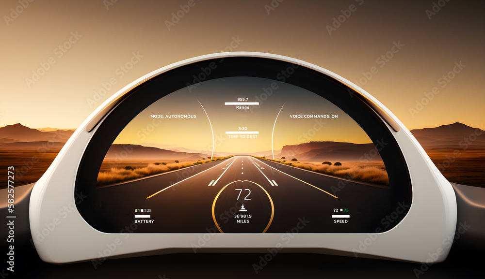 Obraz premium Autonomous driving electric car with white dashboard, futuristic self-driving vehicle on country road, Route 66, Generative AI illustration