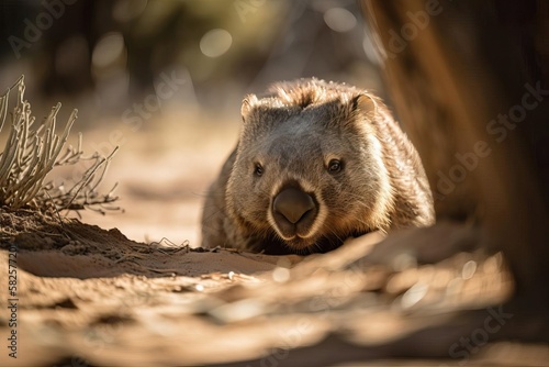 Endearing Wombat Burrowing in the Australian Bushland, created with Generative AI technology