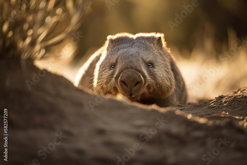 Endearing Wombat Burrowing in the Australian Bushland, created with Generative AI technology