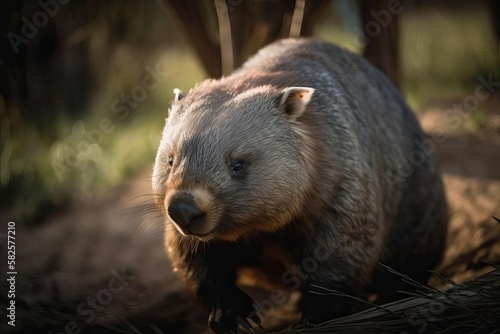 Endearing Wombat Burrowing in the Australian Bushland, created with Generative AI technology
