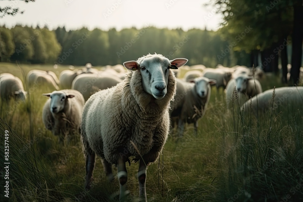 Sheep grazing on a field of lush grass. Generative AI