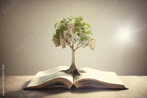A money tree on top of a book. AI generated image.