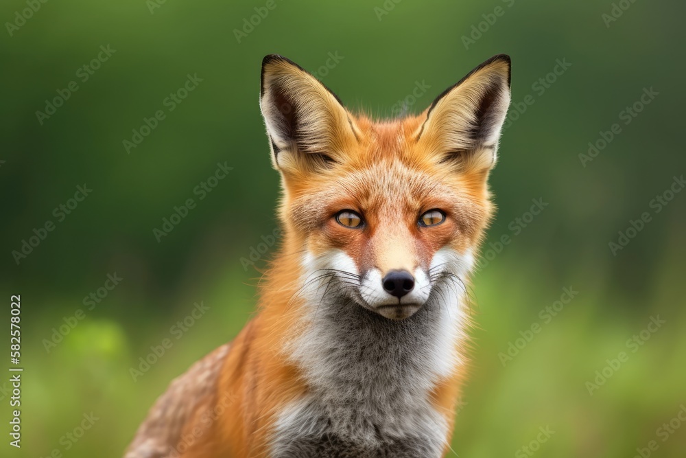 Red Fox Standing Against a Green Background of Nature. Generative AI Red Fox Standing Against a Green Background of Nature. Generative AI