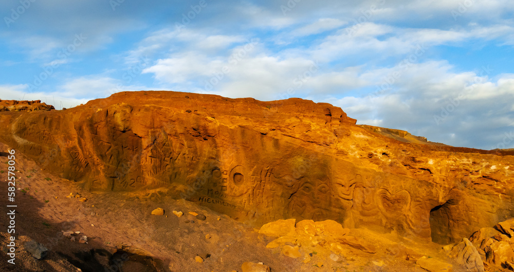 Strange rock carvings in sandstone rock near Corralejo  Lajares Fuerteventura Spain