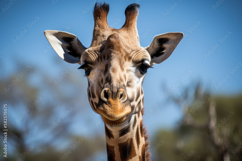 Naklejka premium Portrait of a giraffe's head with a blue sky. Generative AI