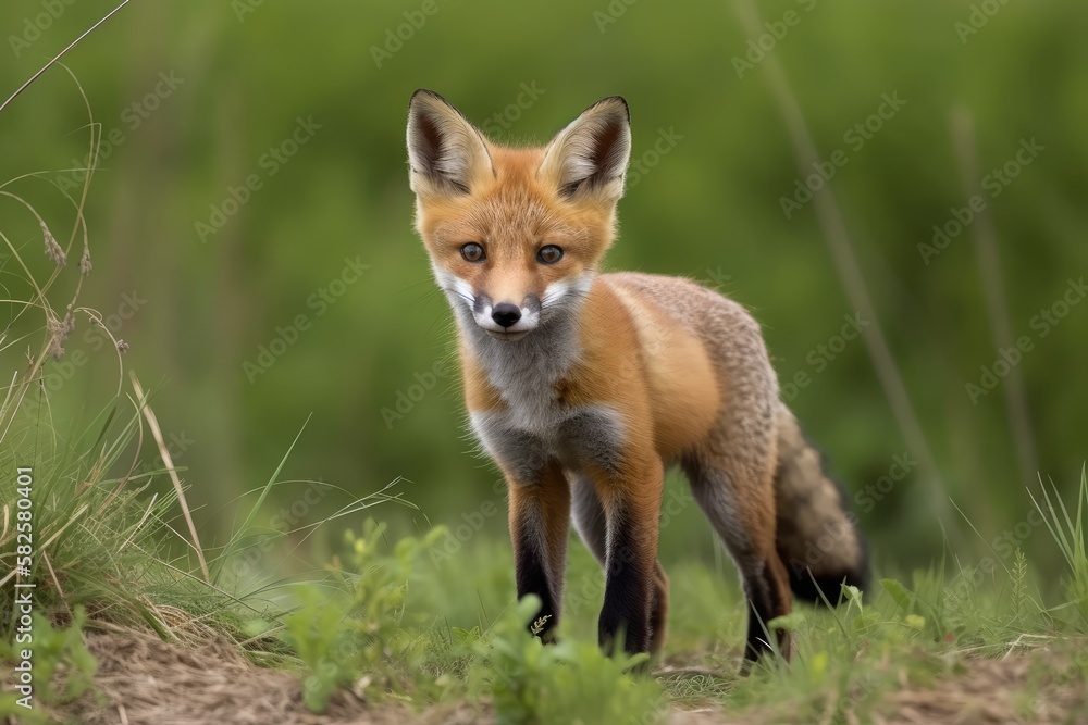 Red fox juvenile standing in the grass. Generative AI Red fox juvenile standing in the grass. Generative AI