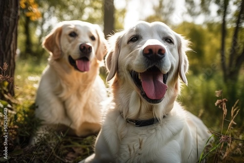 youthful, contented retrievers playing outside in a park. Generative AI