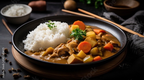 Japanese Curry Rice with meat, carrots and potatoes close-up in a plate on a table. Generative AI.