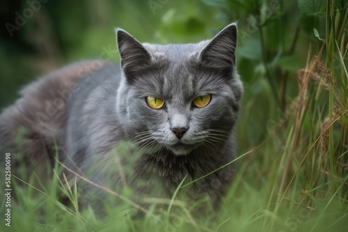 On a hot summer day, a gray cat travels through the grass. A fluffy gray cat goes for a walk in this portrait. Generative AI
