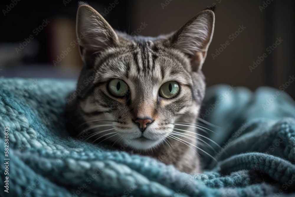 cozy blue blanket with a lovely grey tabby cat on it. Generative AI cozy blue blanket with a lovely grey tabby cat on it. Generative AI