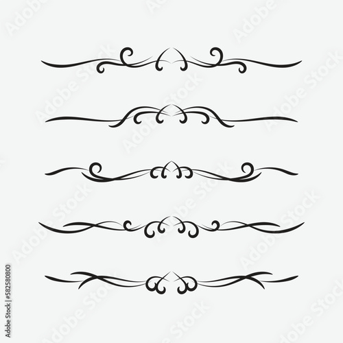 Set of ornamental filigree flourishes and thin dividers with black color. Classical vintage elements, vector illustration