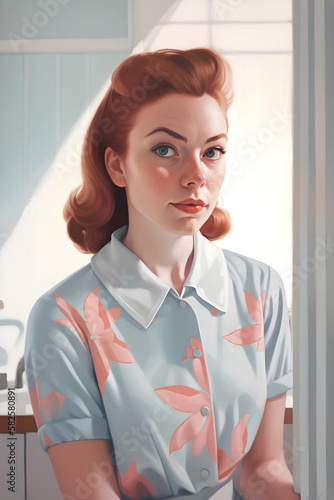 Mid century modern woman portrait illustration, generative ai