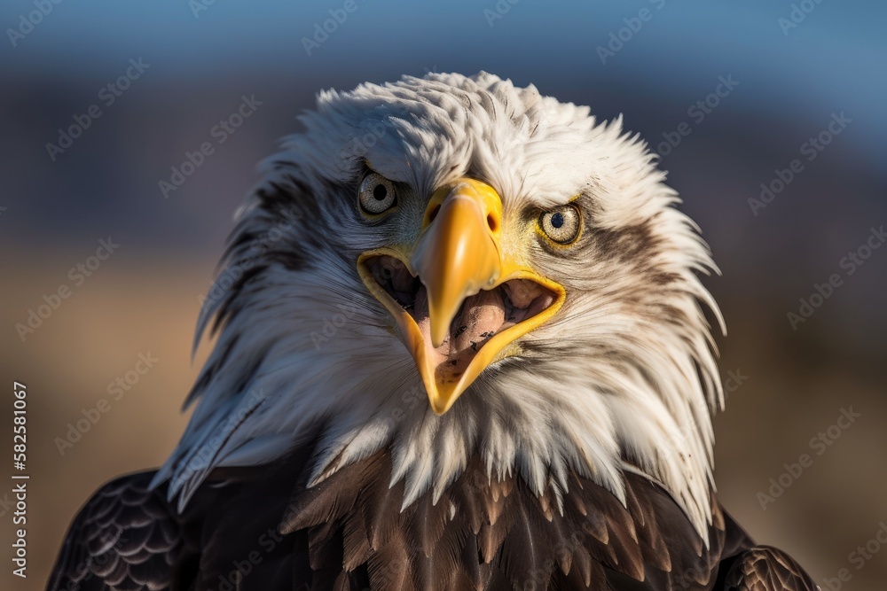 A bald eagle may be seen screeching in this close up (800 mm) photograph in North California. Generative AI A bald eagle may be seen screeching in this close up (800 mm) photograph in North California. Generative AI