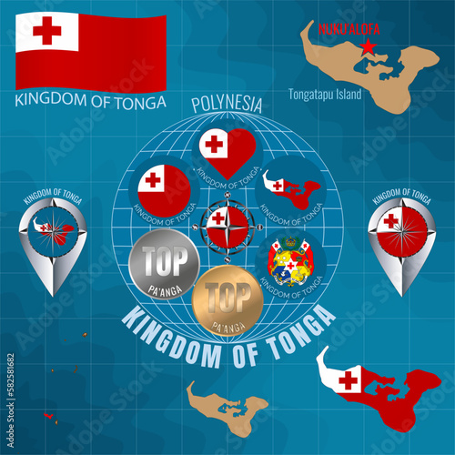 Set of vector illustrations of flag, outline map, icons of KINGDOM OF TONGA. Travel concept.
