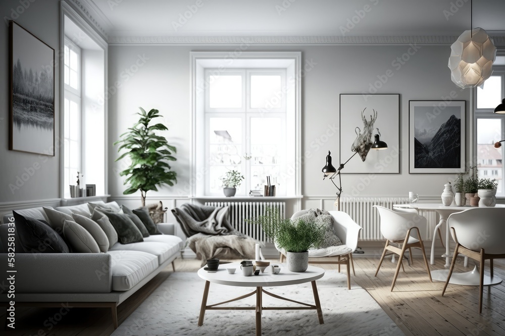 Fototapeta premium Modern scandinavian living room interior - 3d render Generative AI