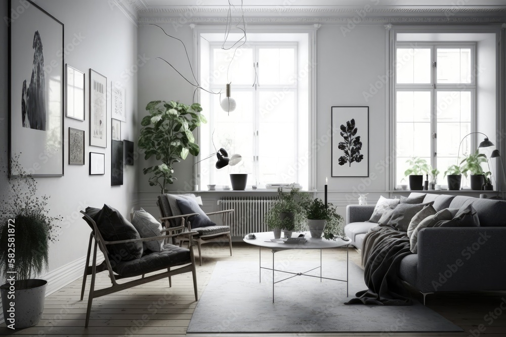 Modern scandinavian living room interior - 3d render Generative AI Modern scandinavian living room interior - 3d render Generative AI