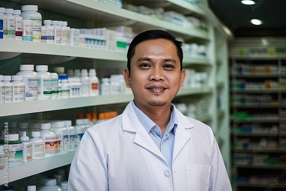Malay man pharmacist in the pharmacy.