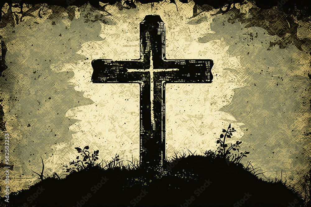 Illustration of a mountain cross in dark silhouette style. Generative AI.