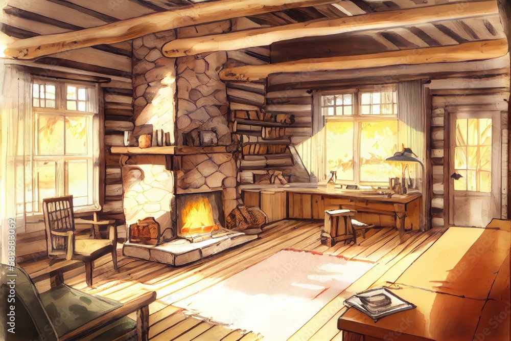 A cozy cabin made of natural logs, generative AI A cozy cabin made of natural logs, generative AI